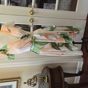 DKNY Green Peach Coral White Floral Dress Cap Sleeve TieWaist Fully Lined 6P NEW